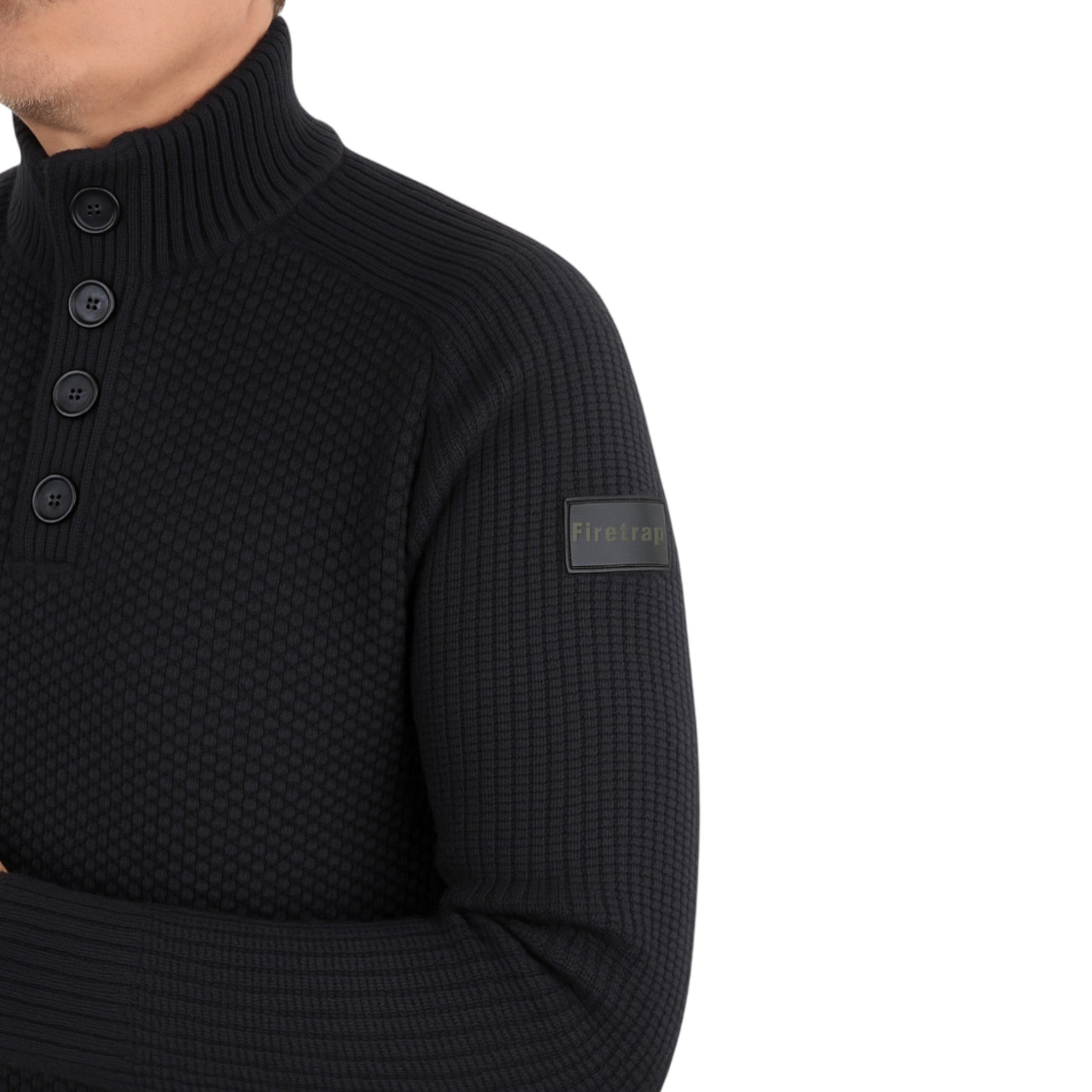 Firetrap men’s black funnel neck jumper with button placket – ex store knit pullover